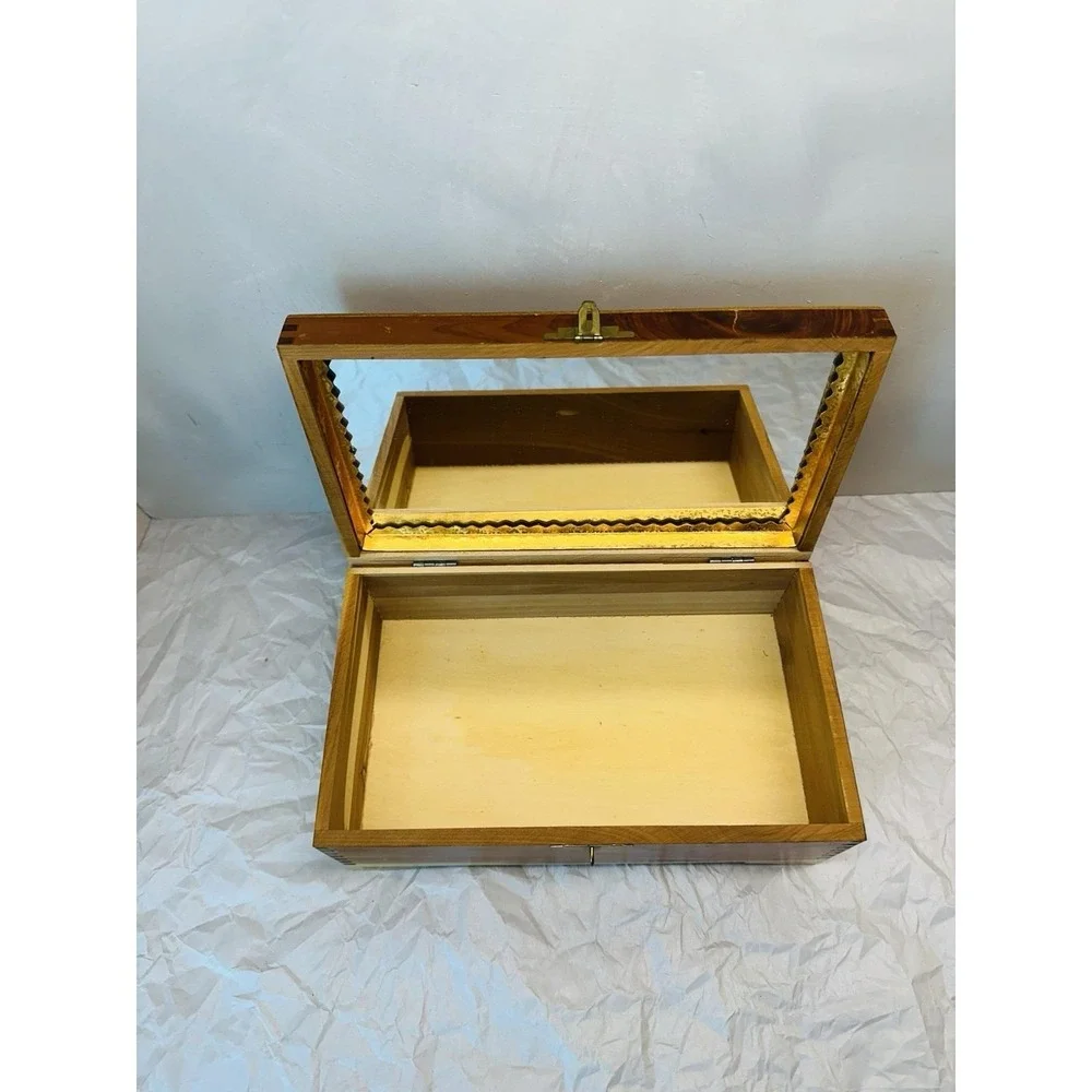 Vintage Cedar Jewelry box with carved and fall decopage lid, mirror inside